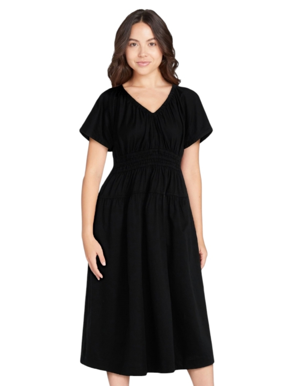 🆕 💯% Cotton Smocked Waist V-Neck Black Midi Dress with Fluttered Sleeves